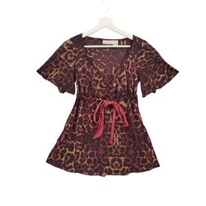 DKNY Y2K Babydoll Womens Sheer Leopard Flutter Sleeve Blouse Top Shirt Small